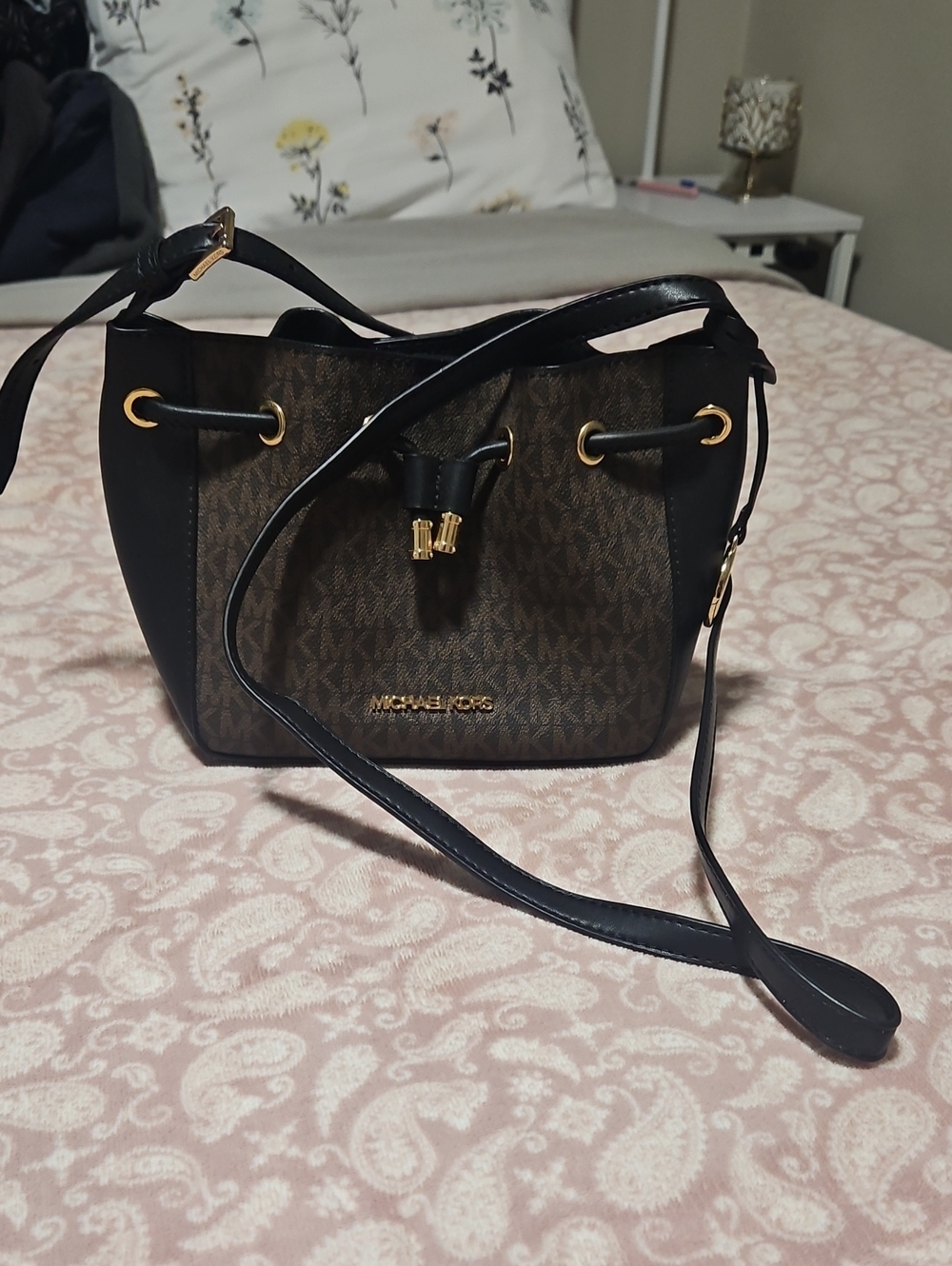 Michael Kors Brown and Black Logo Drawstring Crossbody Bag